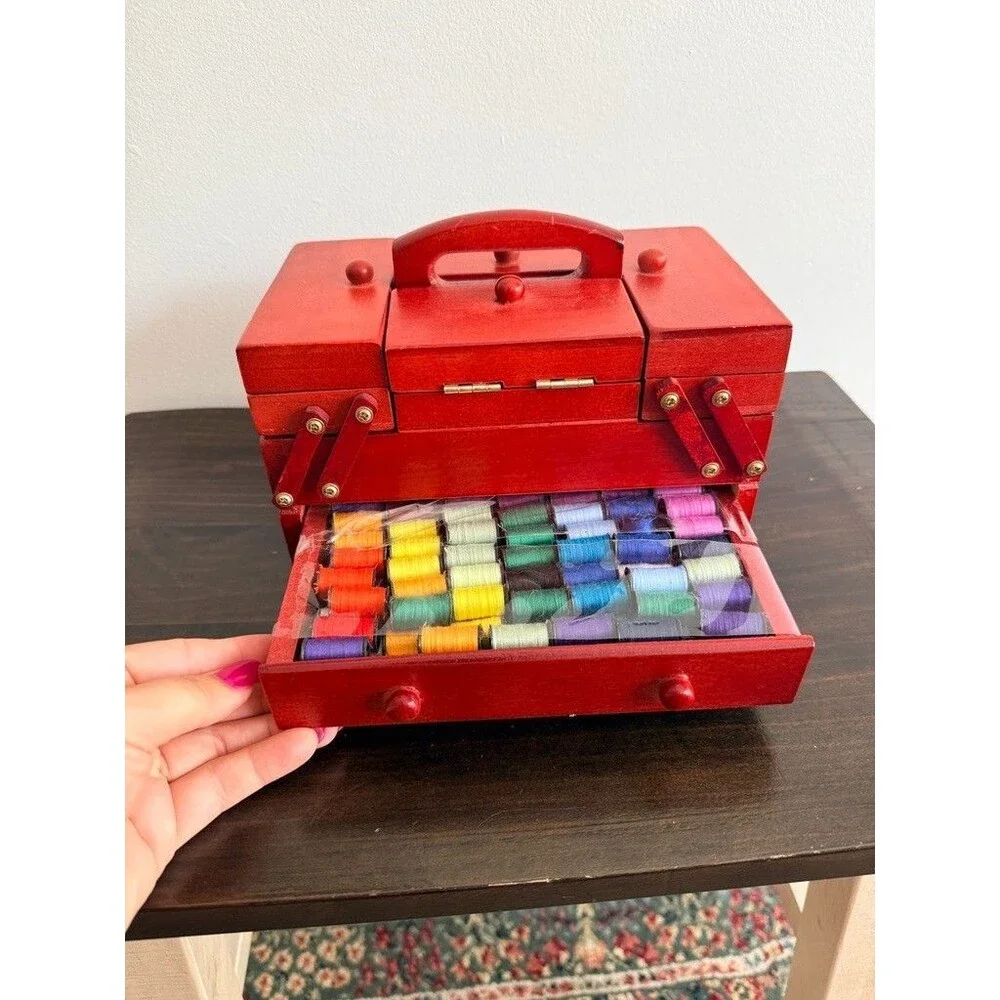 Vintage Red Wooden 2 Tier Cantilever/Accordion Sewing Kit w/feet includes thread